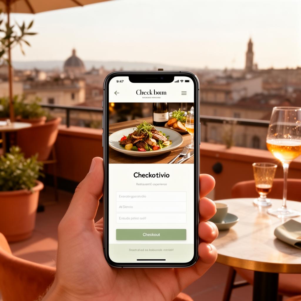 A branded Boketta checkout page open on a phone at a rooftop bar